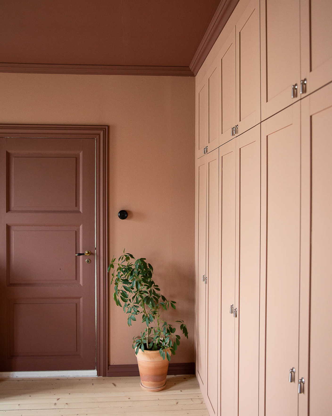 Skapvegg malt i samme farge som vegger, ferskenrosa Jotun Savannah Sunset, dør og tak malt i rødt med Jotun Sophisticated Red.