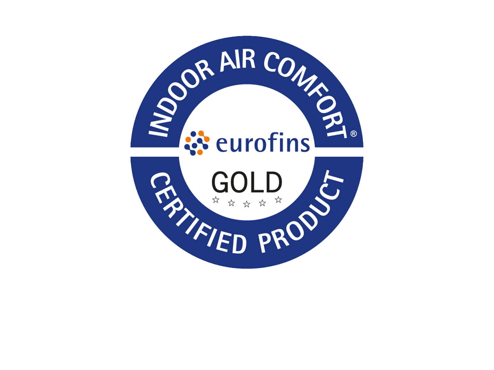 Eurofins Indoor Air Comfort Gold-certifiseret produktmærke med blåt cirkulært logo og hvid midte på sort baggrund