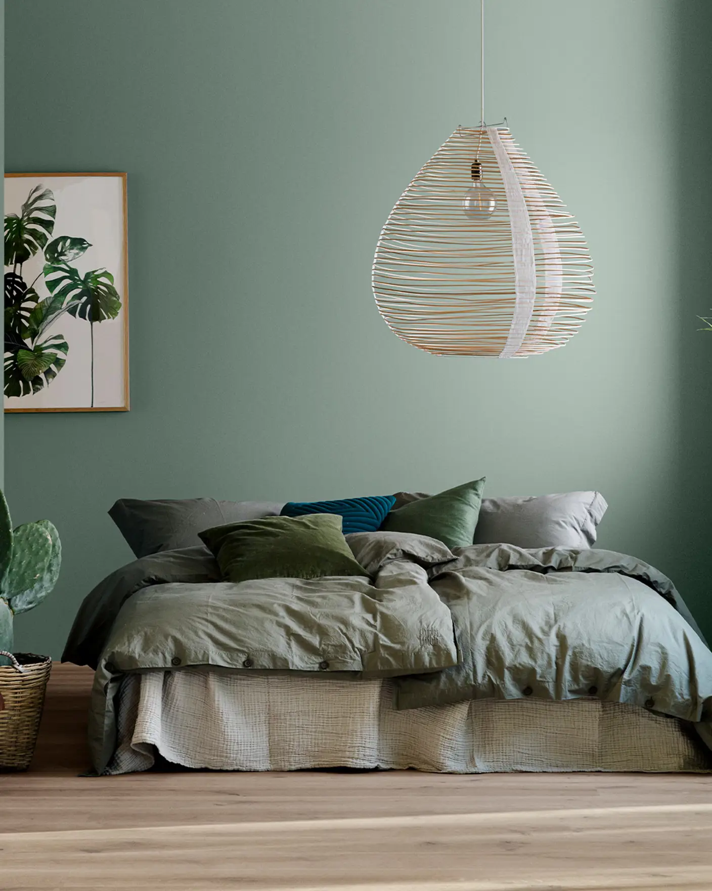 Soverom malt i fargen Soft Teal fra Jotun, oppredd seng, på veggen henger et bilde av en plante og en ved siden av sengen står en kaktus.
