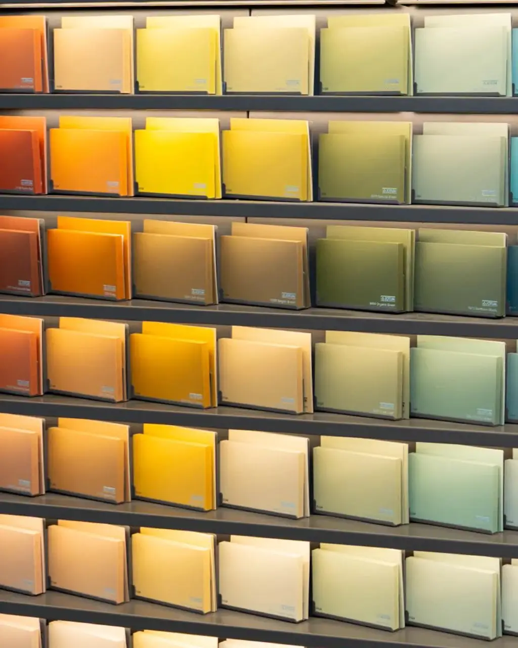 A display of Jotun interior paint color swatches arranged on shelves by shade, ranging from warm oranges and yellows to cool greens