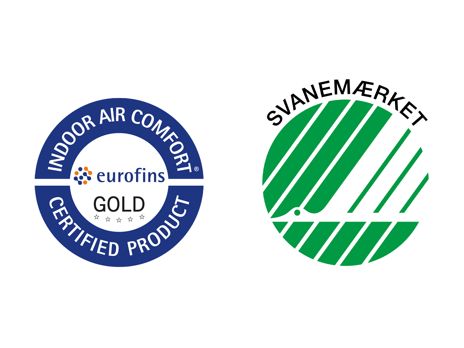 Eurofins Indoor Air Comfort Gold-certificeret produkt og Svanemærket for et sundt indeklima og bæredygtighed.