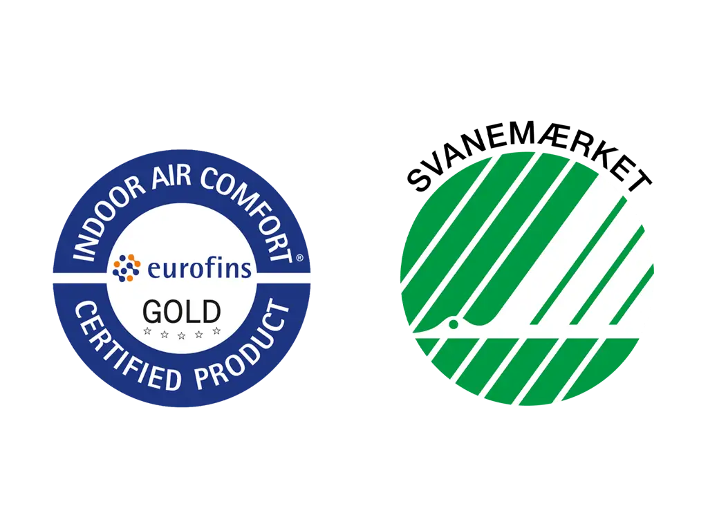 Eurofins Indoor Air Comfort Gold-certificeret produkt og Svanemærket for et sundt indeklima og bæredygtighed.