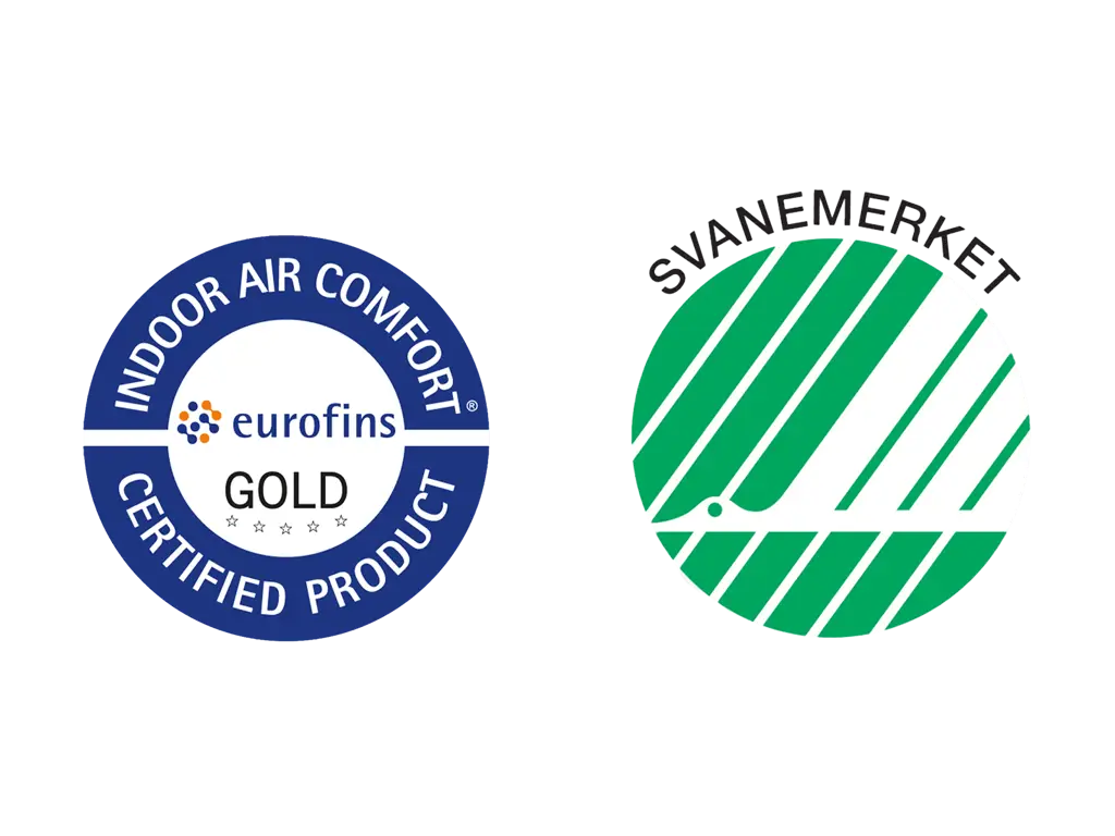 Eurofins Indoor Air Comfort Gold- och Svanenmärket-certifieringar för inomhusluft och miljökrav