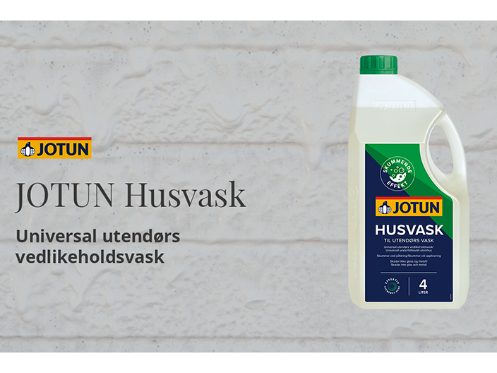 Emballasje med JOTUN Husvask og teksten Jotun Husvask, Universal utendørs vedlikeholdsvask