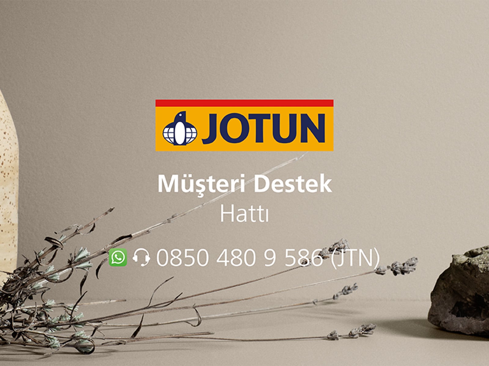 Jotun müşteri destek hattı görseli, 0850 480 9 586 iletişim numarası ve WhatsApp simgesiyle birlikte.
