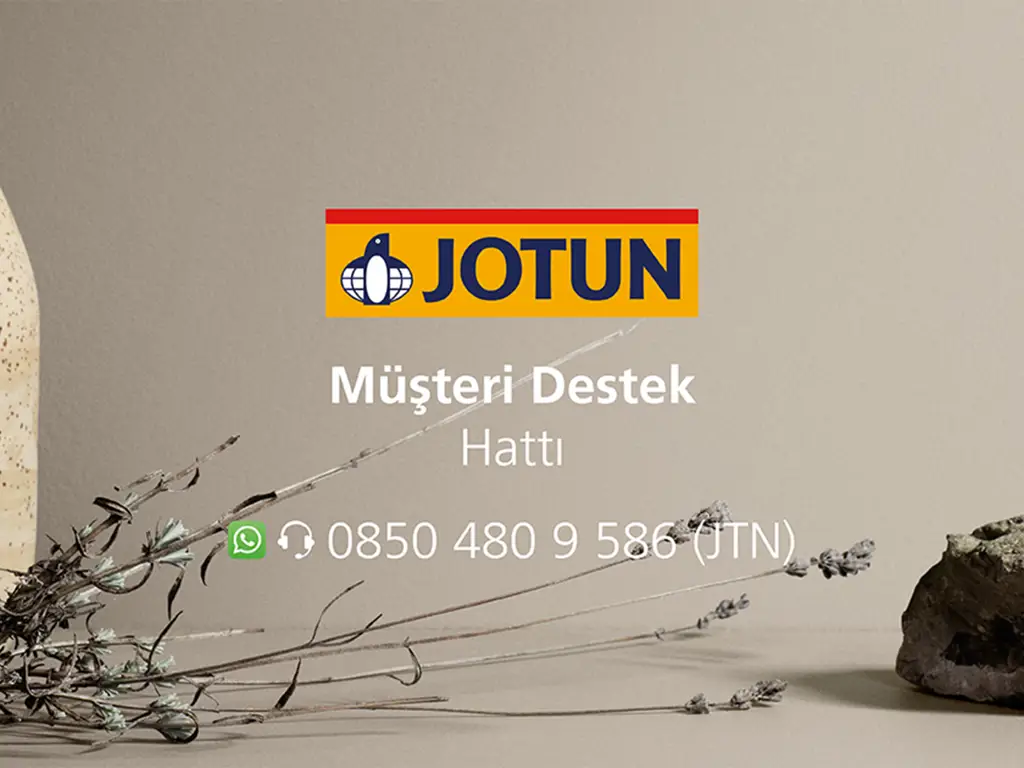 Jotun müşteri destek hattı görseli, 0850 480 9 586 iletişim numarası ve WhatsApp simgesiyle birlikte.