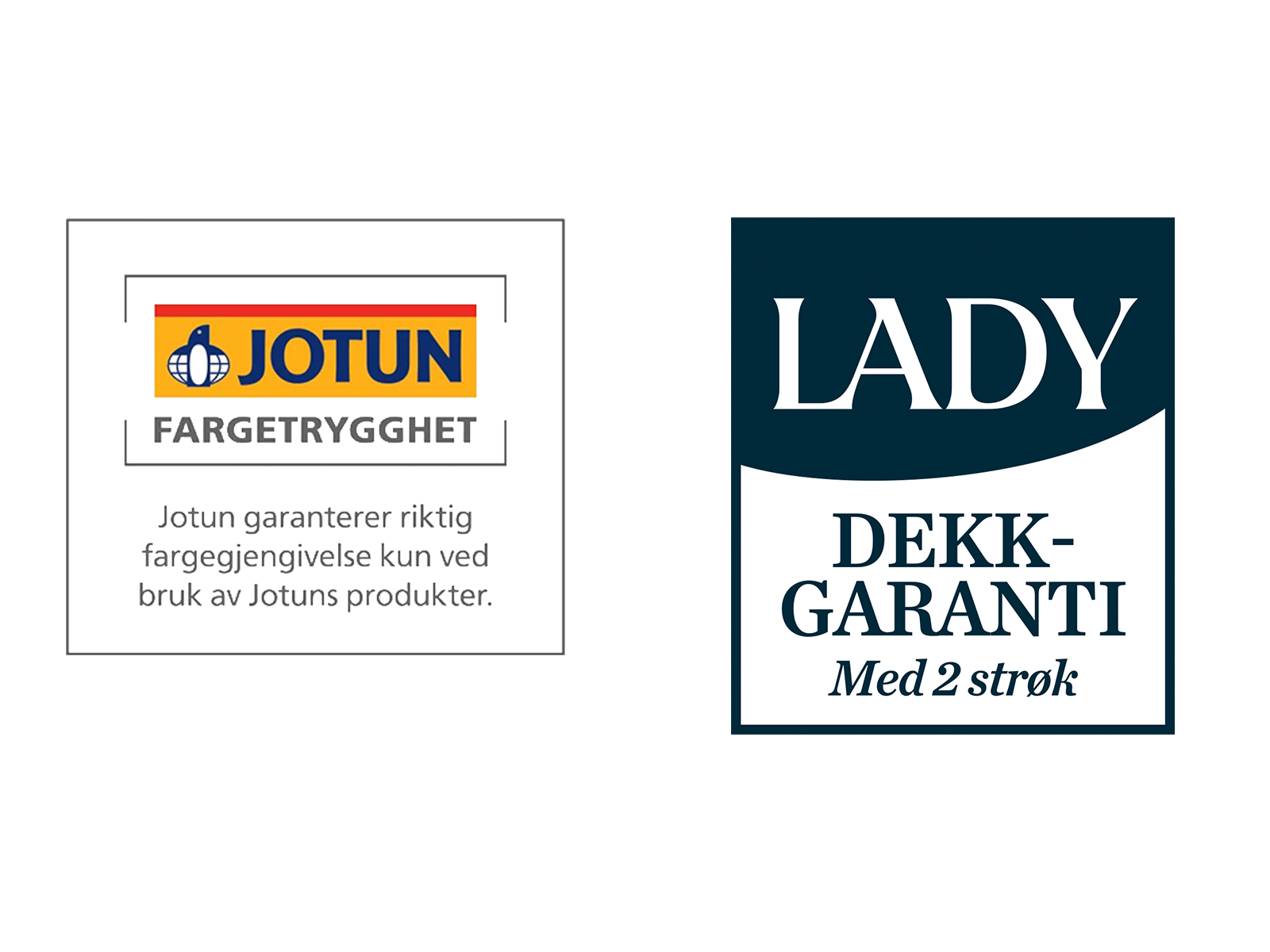 Jotun fargetrygghet og Lady dekkgaranti med 2 strøk, produktlogoer på gjennomsiktig bakgrunn