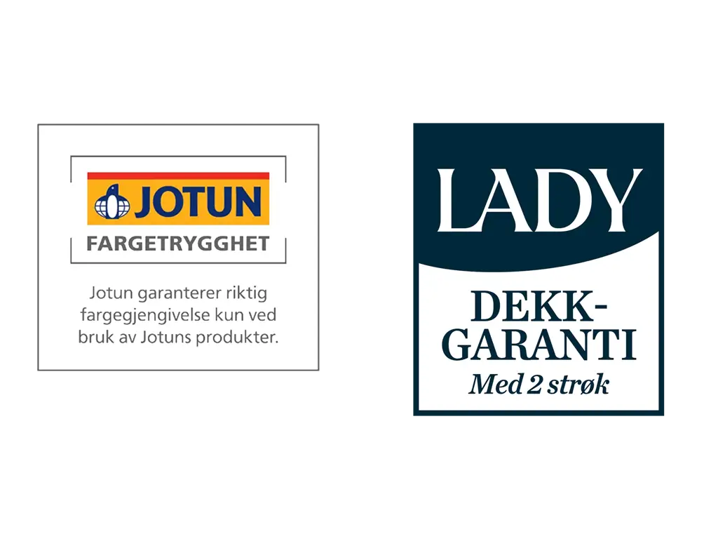 Jotun fargetrygghet og Lady dekkgaranti med 2 strøk, produktlogoer på gjennomsiktig bakgrunn