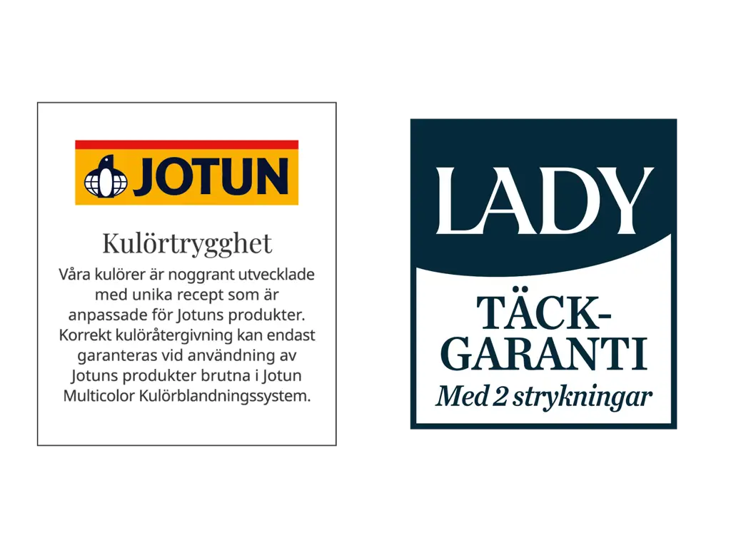 Jotun Lady täckgaranti med färgtrygghetsmärke och information om två strykningar
