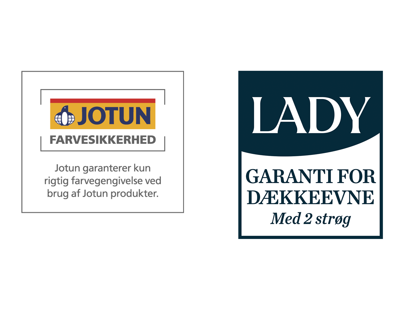 Jotuns farvegaranti og LADY dækkegaranti med 2 strøg. Produktlogoer på transparent baggrund.
