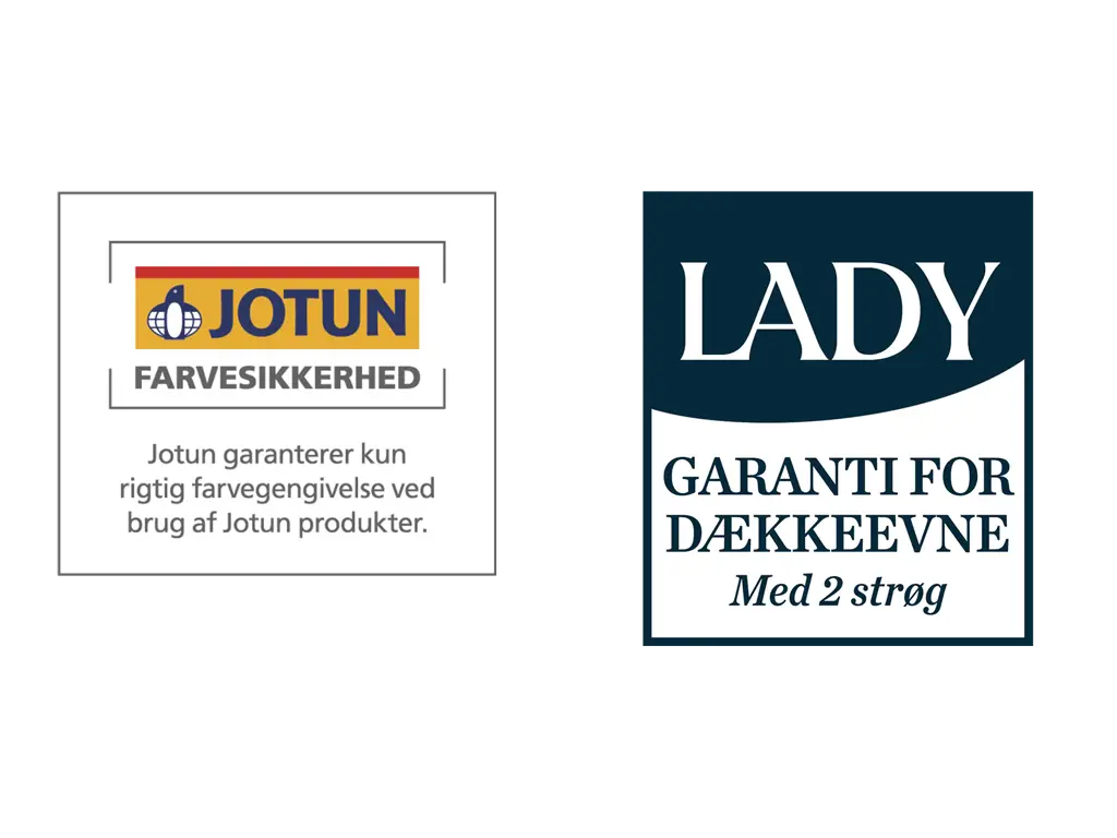 Jotuns farvegaranti og LADY dækkegaranti med 2 strøg. Produktlogoer på transparent baggrund.