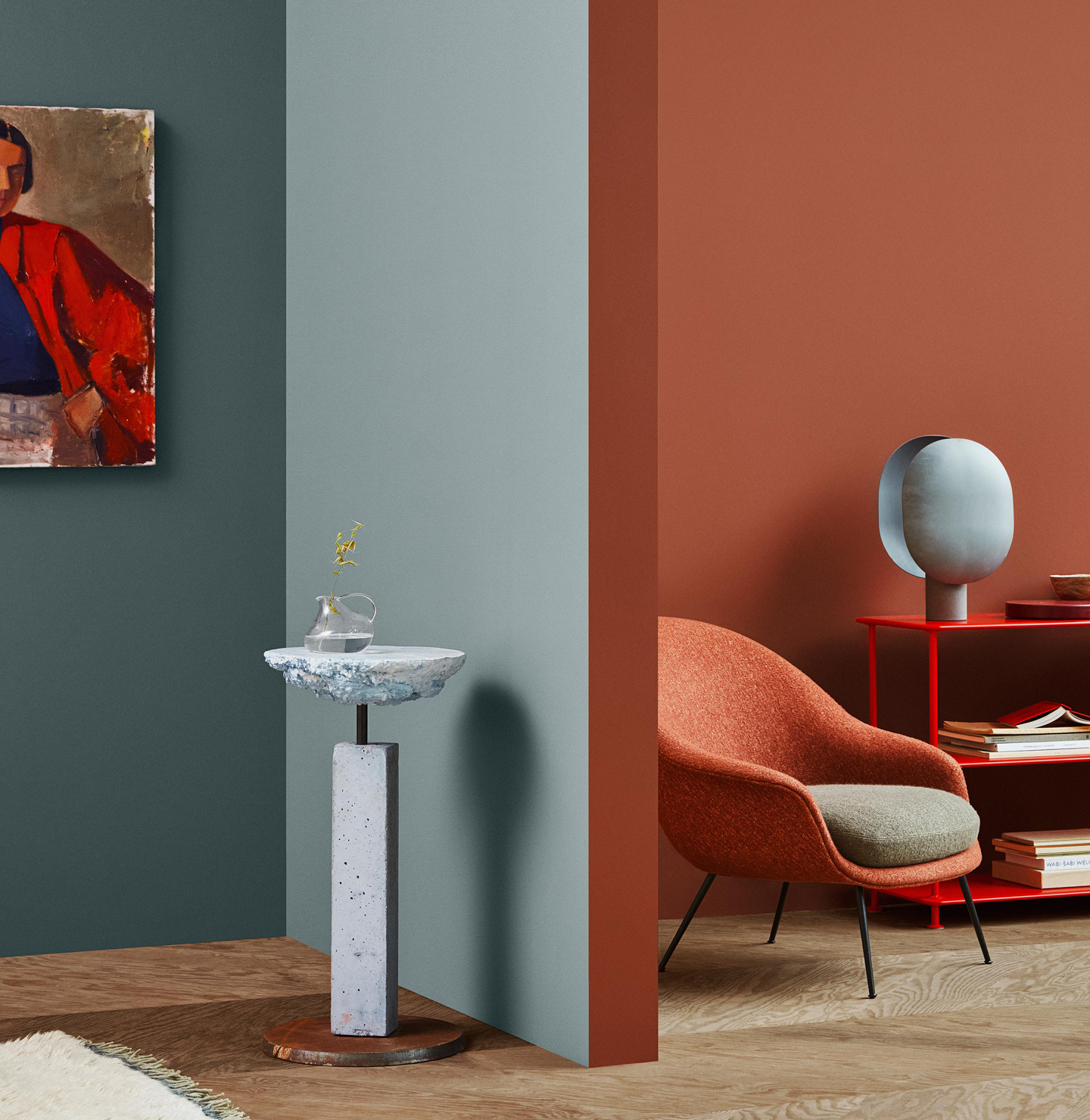 Beautiful blue and red colours for your living room Jotun 5490 Serene