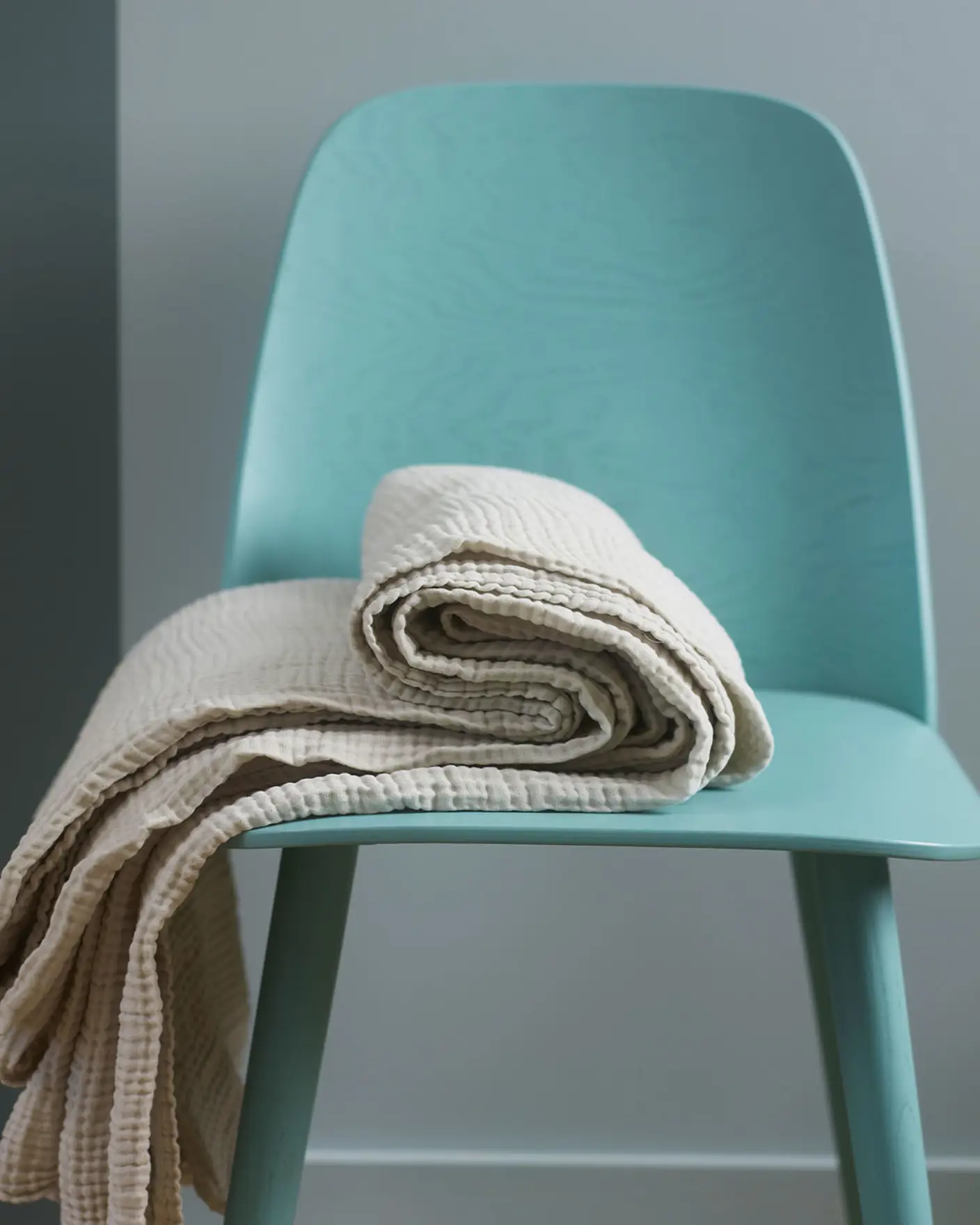 Ljus turkos stol med en mönstrad beige pläd vikt ovanpå, placerad mot en mjuk, dämpad blågrön vägg målad med Jotun 6315 Jade. Accentvägg målad med Jotun 6325 Balance.