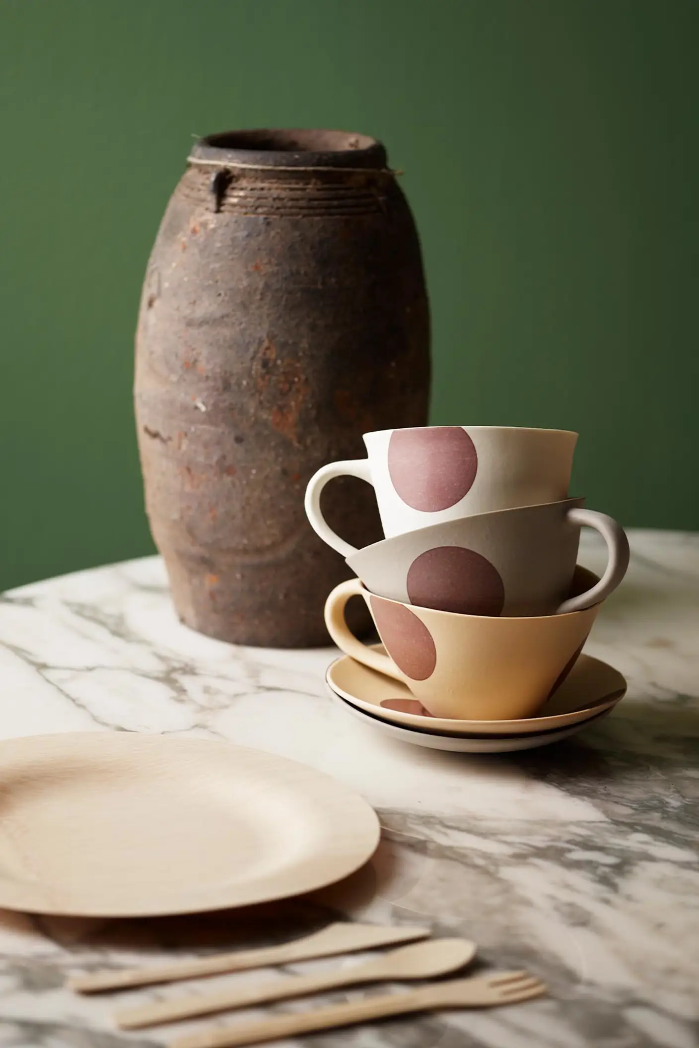 Tazas apiladas y cerámica rústica sobre una mesa de mármol, frente a una pared verde amarillenta pintada con Jotun 0125 Palm Leaf, creando una sensación acogedora y natural.