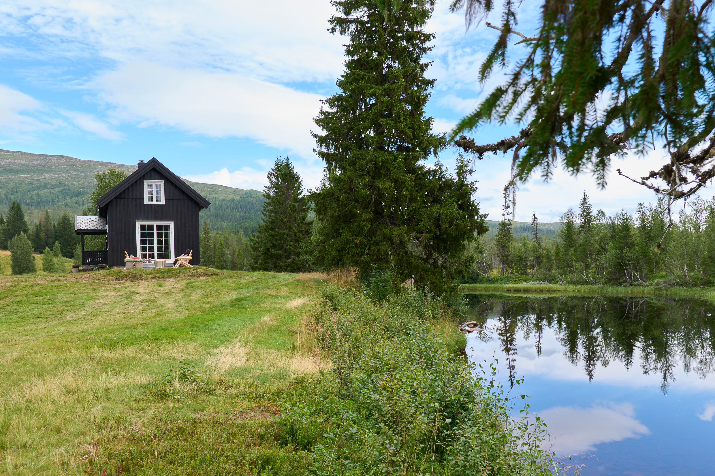 Seterbrun hytte i åpent, grønt skogslandskap med rolig elv til høyre
