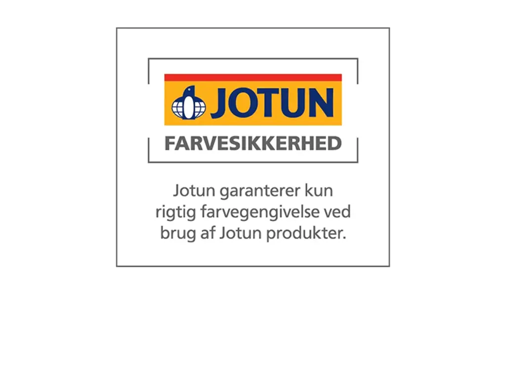 Logo med påskriften Jotun Farvesikkerhed. Jotun garanterer kun korrekt farvegengivelse ved brug af Jotuns produkter.