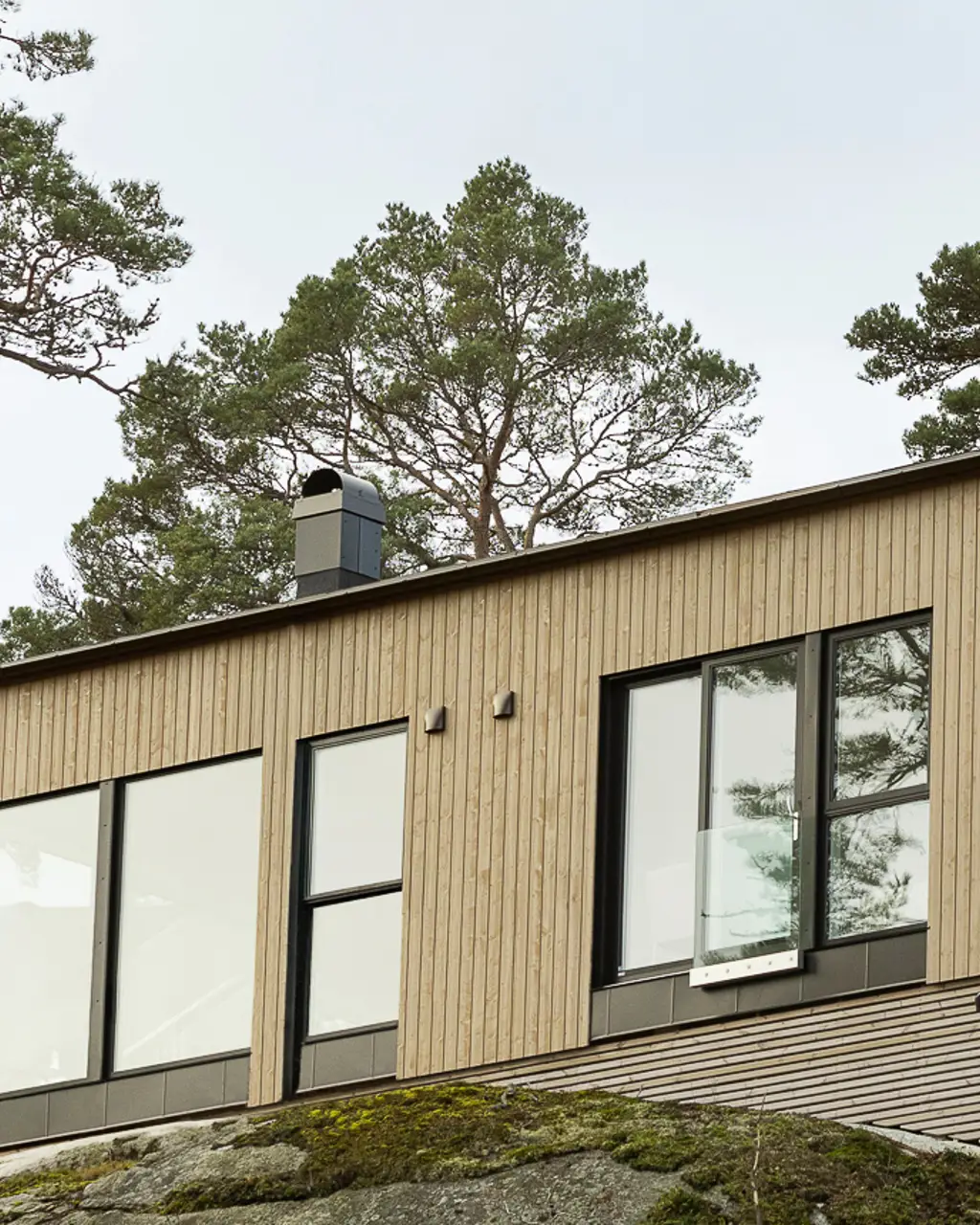 Moderne funkisshytte, omgitt av trær og fjell, beiset med Trebitt matt oljebeis