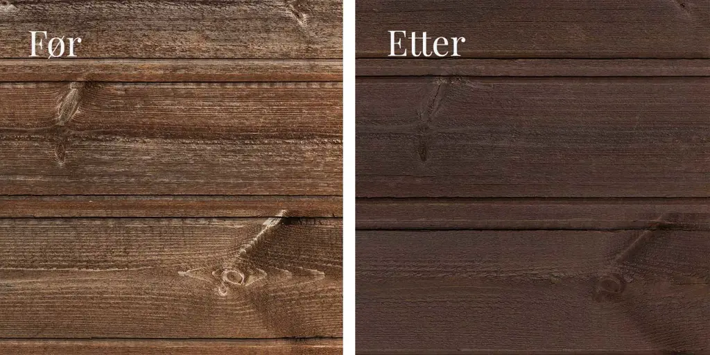 Trepanel før og etter TREBITT WoodCare vedlikeholdsolje: Venstre side viser slitt tre, høyre side viser det samme trepanelet behandlet