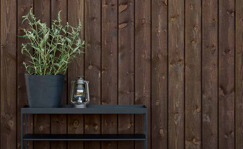 Planter i svart potte og lykt på et moderne, svart metallbord foran en mørk trevegg beiset i TREBITT 9155 Rich Brown 