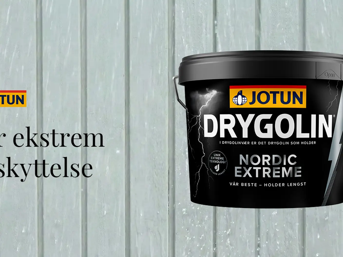 Husvegg med DRYGOLIN Nordic Extreme malingsspann foran og teksten For ekstrem beskyttelse.