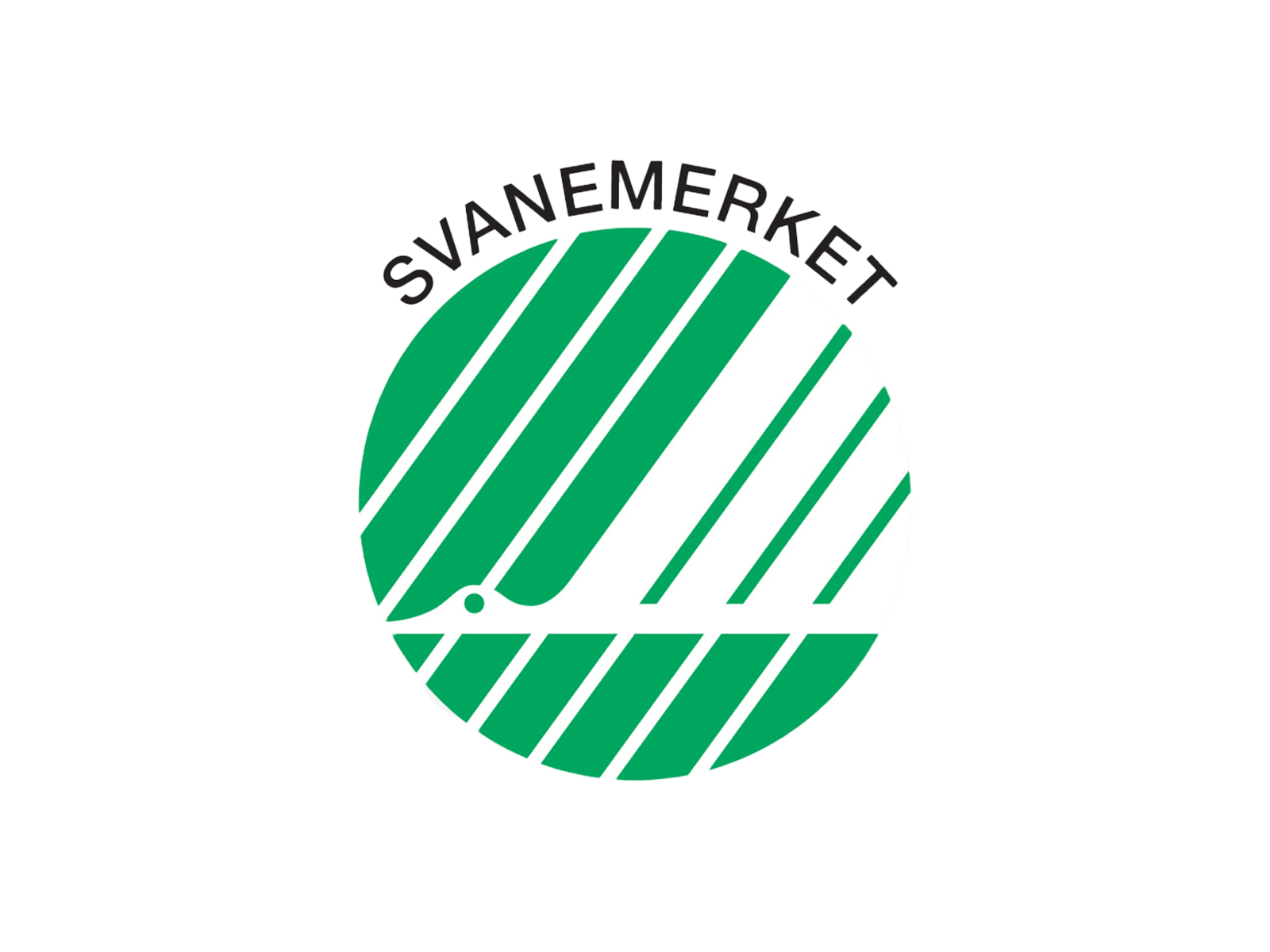 SVANEMERKET eco-label logo with green and white circular design and diagonal stripes on a transparent background
