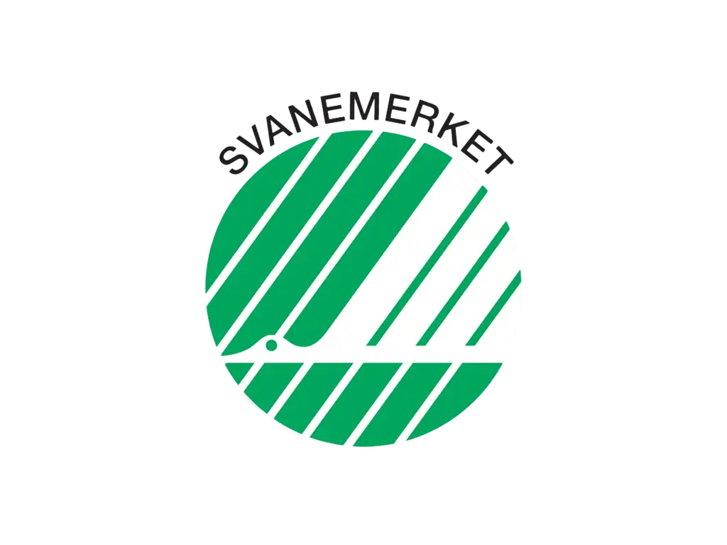 SVANEMERKET eco-label logo with green and white circular design and diagonal stripes on a transparent background