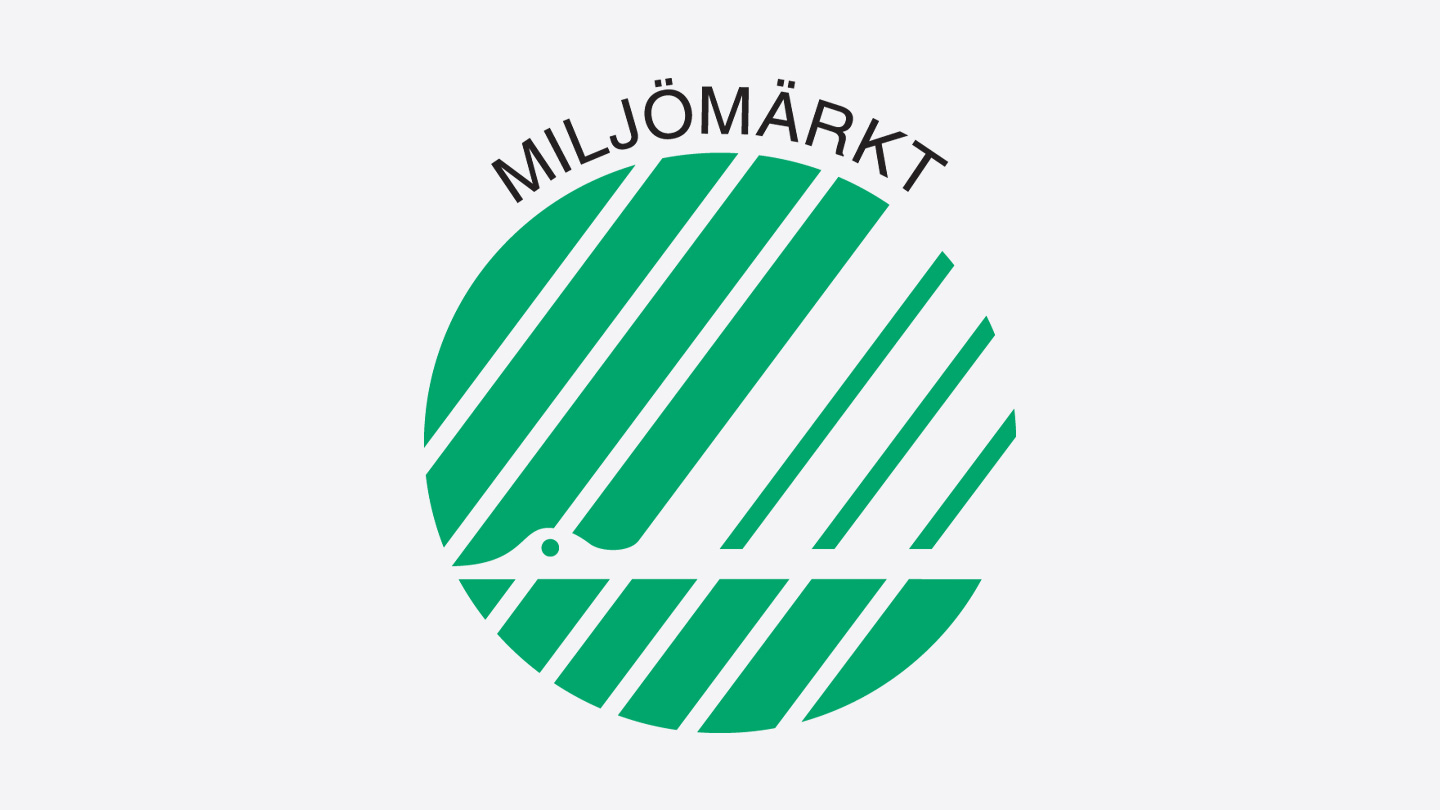 Svanenmärkets logotyp med grön cirkel och vita diagonala linjer på svart bakgrund