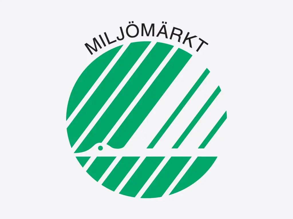 Svanenmärkets logotyp med grön cirkel och vita diagonala linjer på svart bakgrund