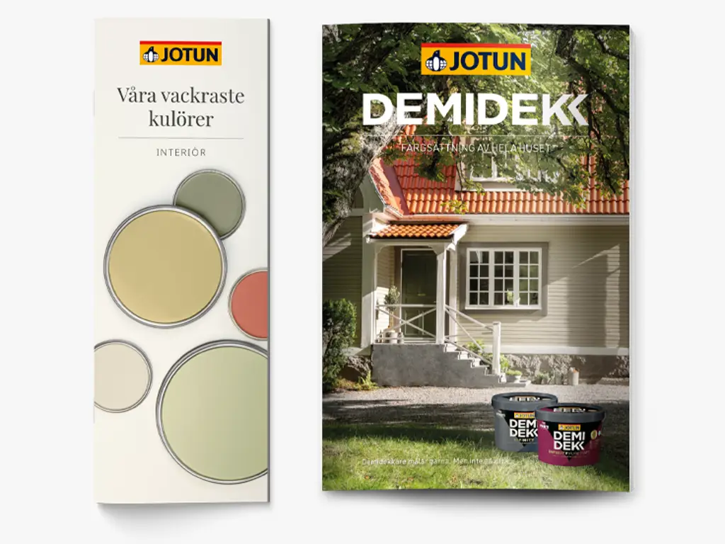 Jotun färgkartor: Våra vackraste kulörer för LADY och interiör och Demidekk för husmålning exteriör.