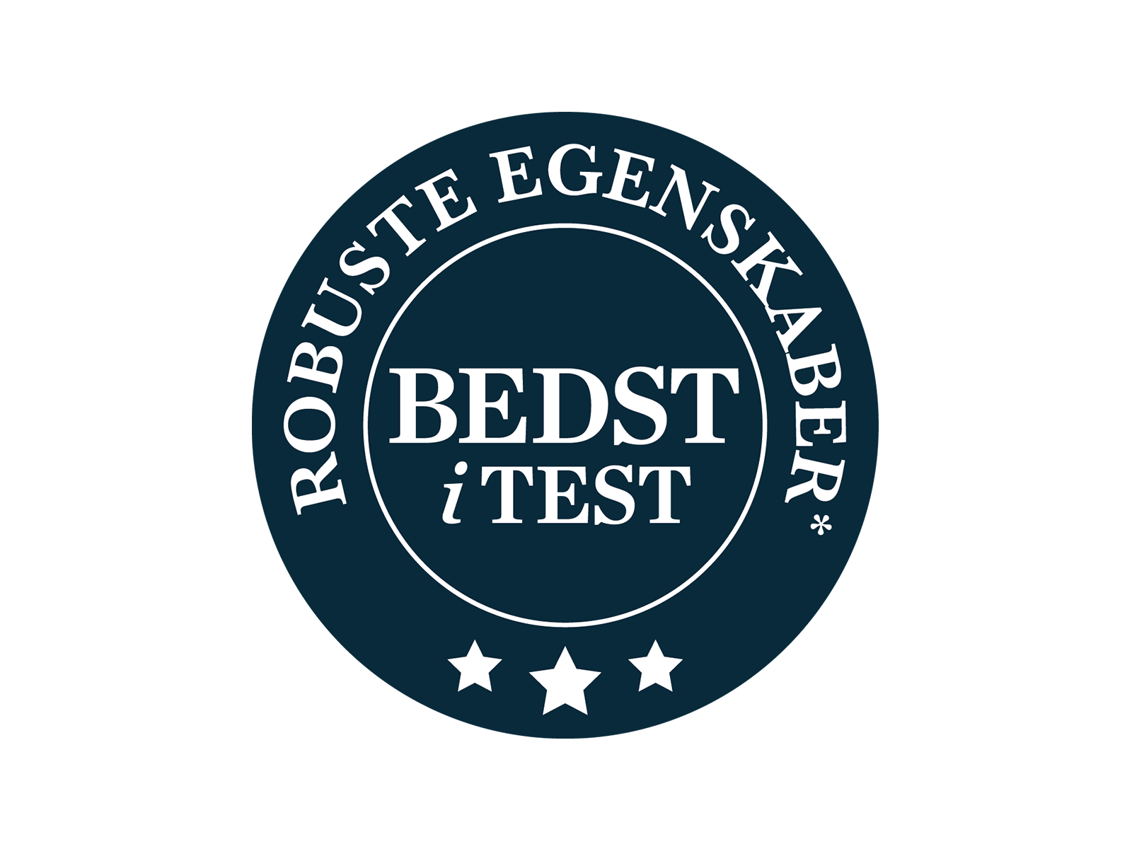 Rundt mørkeblåt mærke med teksten: "Bedst i Test - Robuste egenskaber"