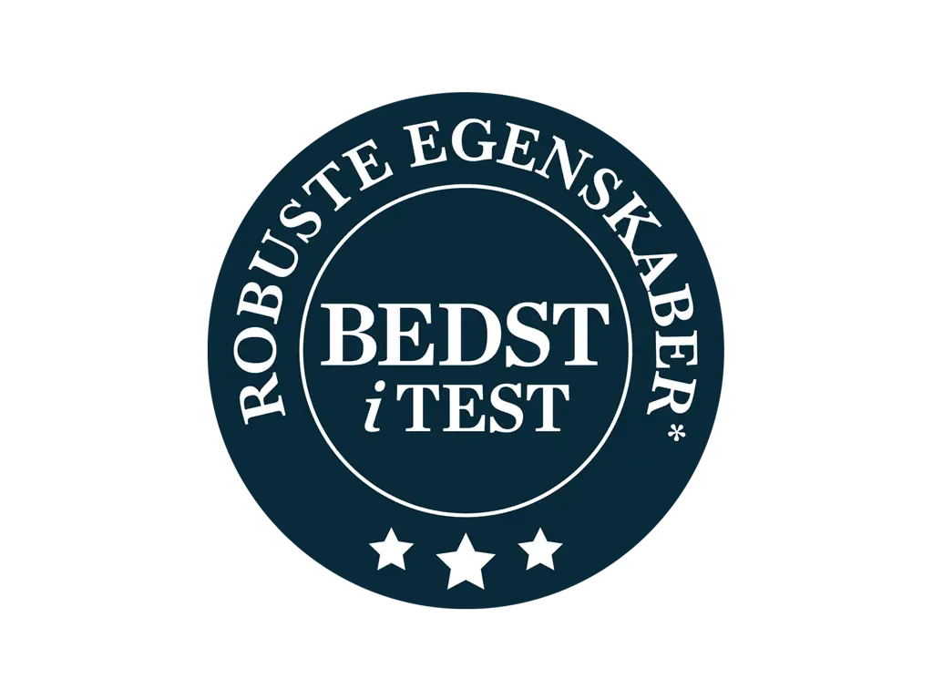 Rundt mørkeblåt mærke med teksten: "Bedst i Test - Robuste egenskaber"