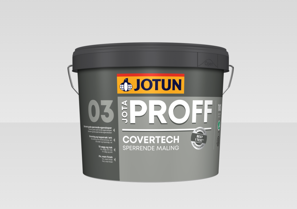 Färgbehållare för Jotun Proff Covertech sperrende maling, grå design med handtag och produktinformation på etiketten