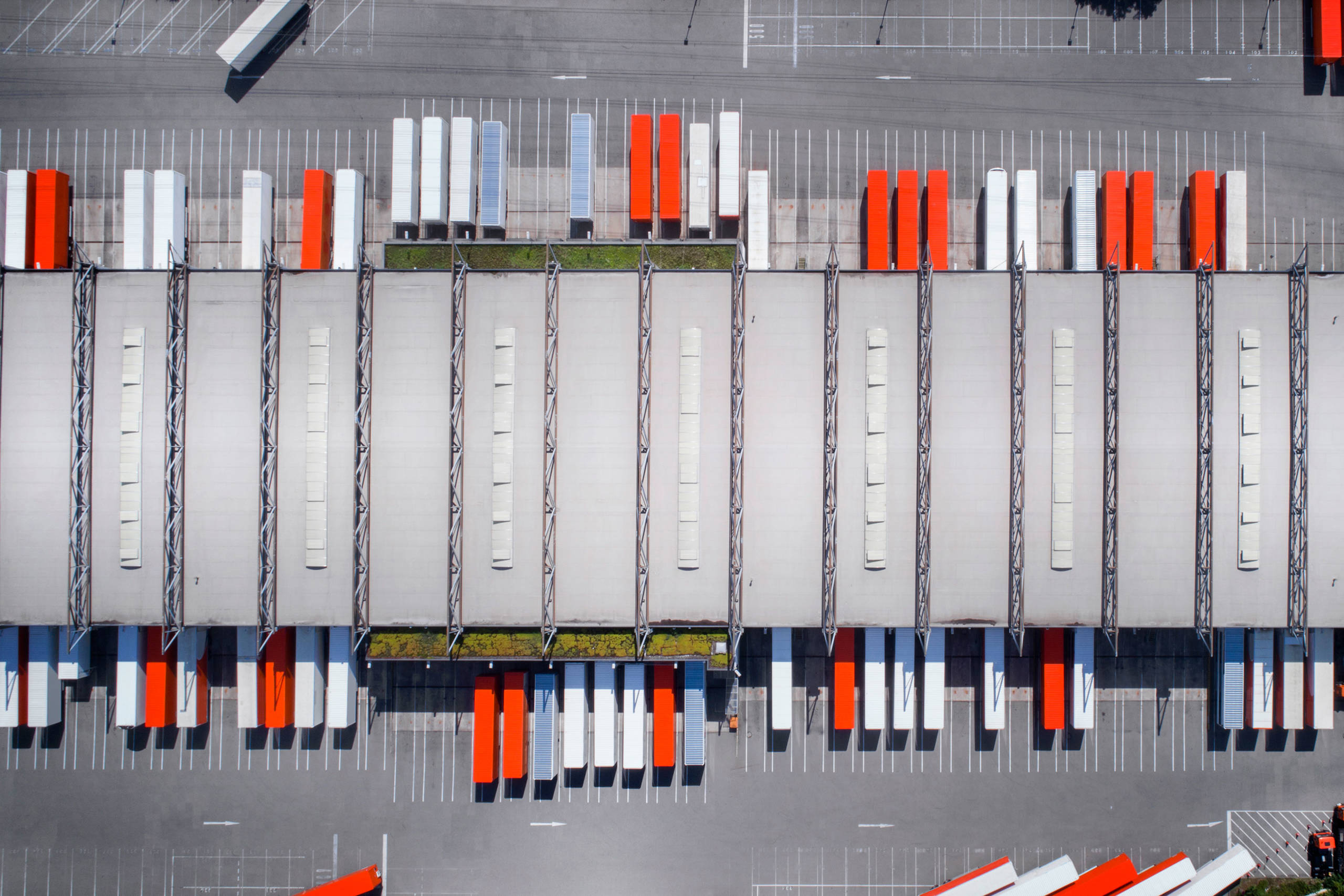 Containers at warehouse aerial view