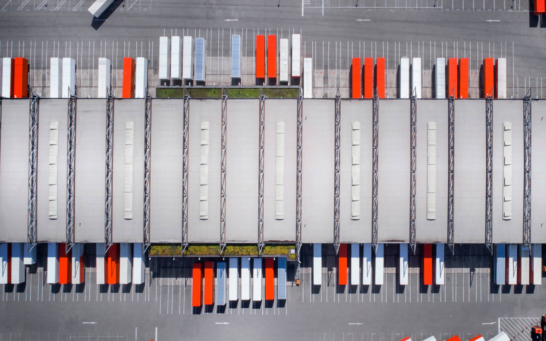 Containers at warehouse aerial view