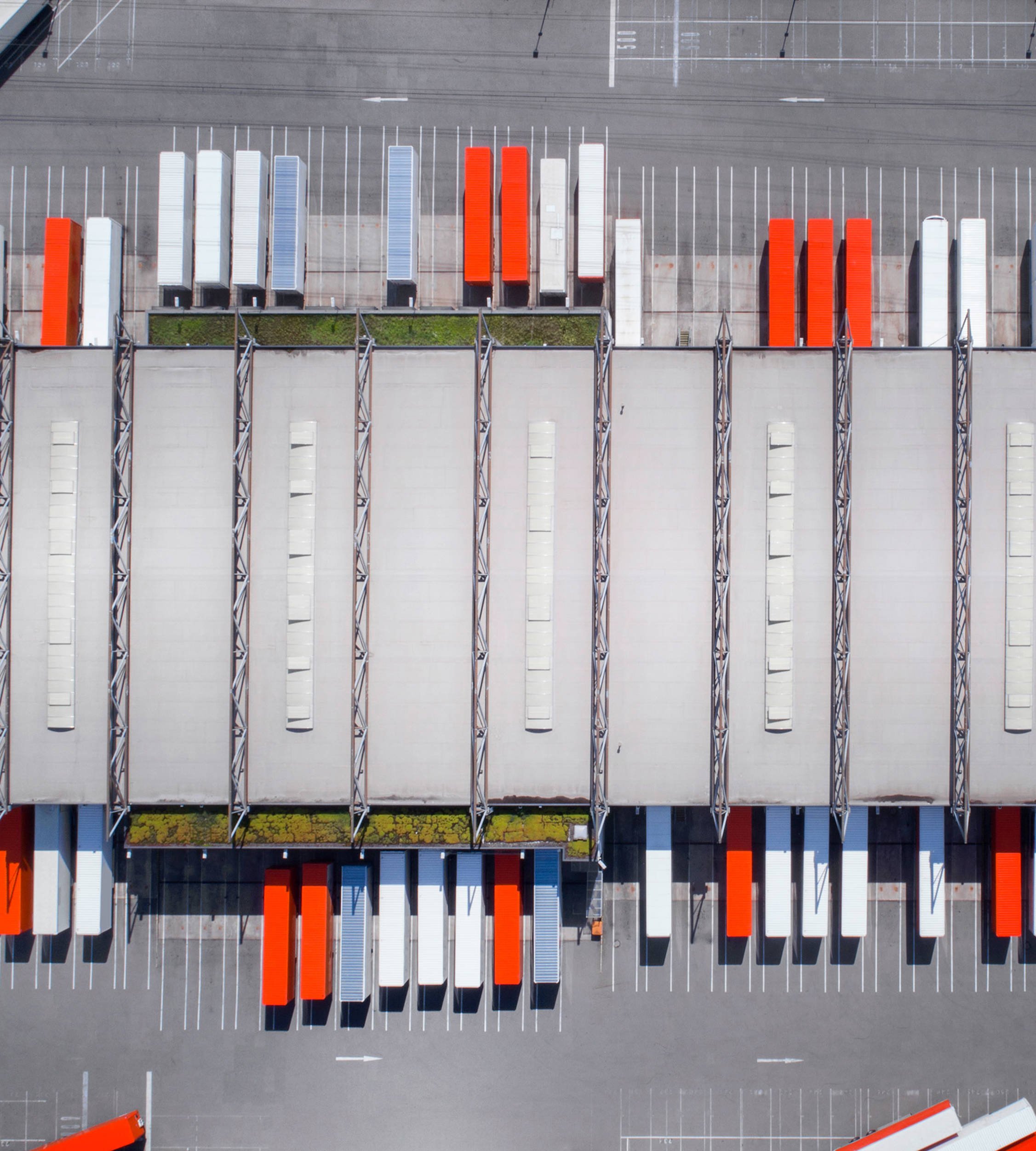 Containers at warehouse aerial view