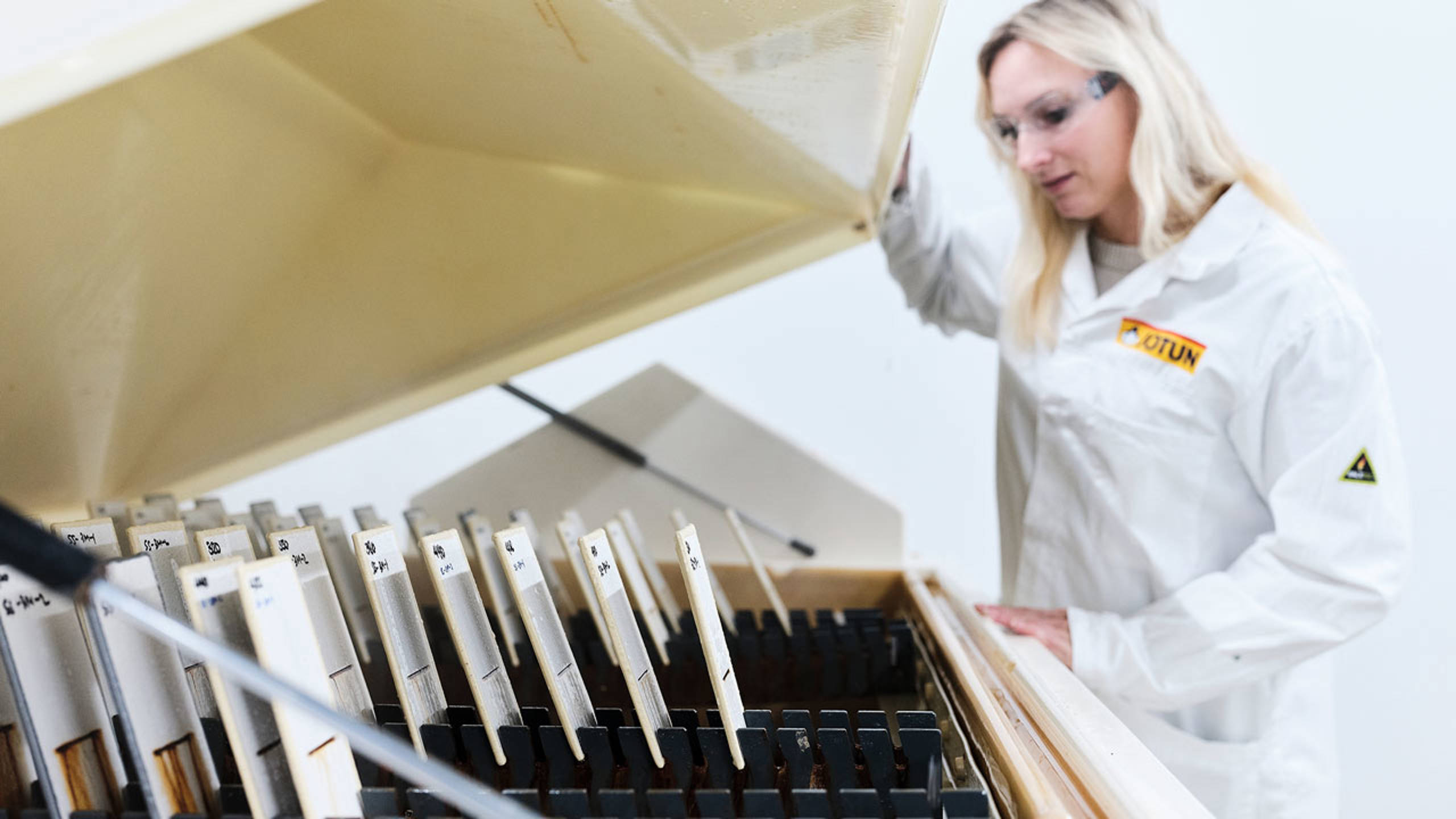 Scientist Nina Bexrud performing accelerated laboratory testing at the state-of-the-art facilities at the global paints and coatings company Jotun's main R&D Center in Sandefjord.