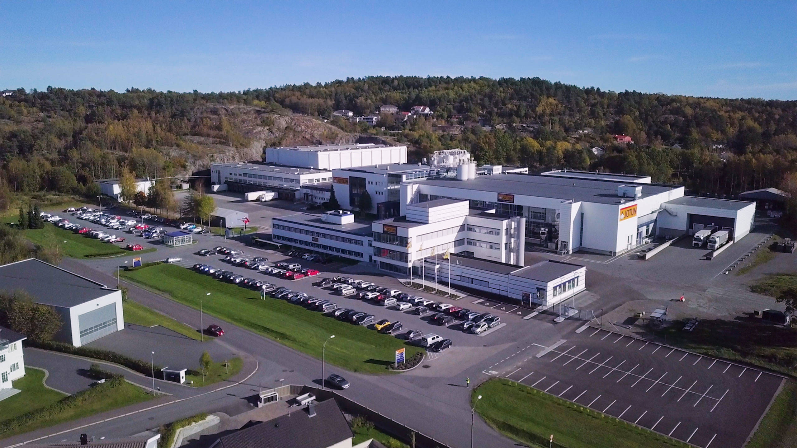 Drone view of Jotun's factory at Vindal in Norway