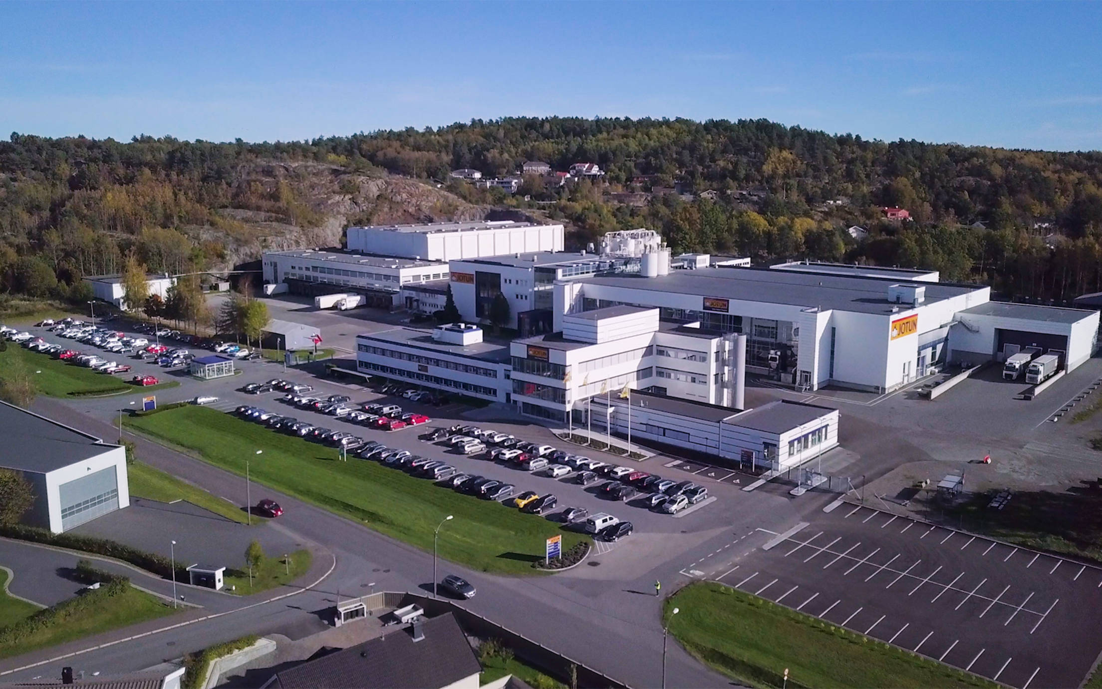 Drone view of Jotun's factory at Vindal in Norway