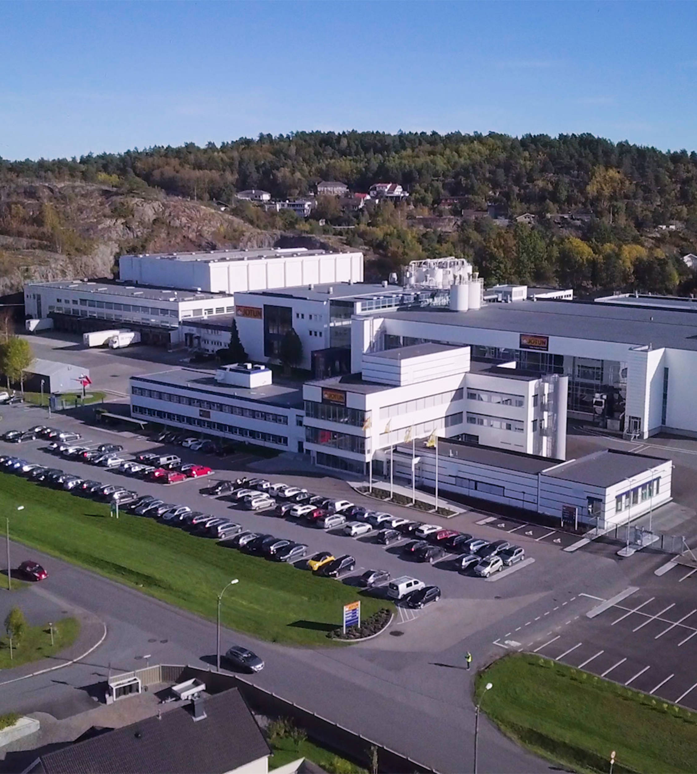 Drone view of Jotun's factory at Vindal in Norway
