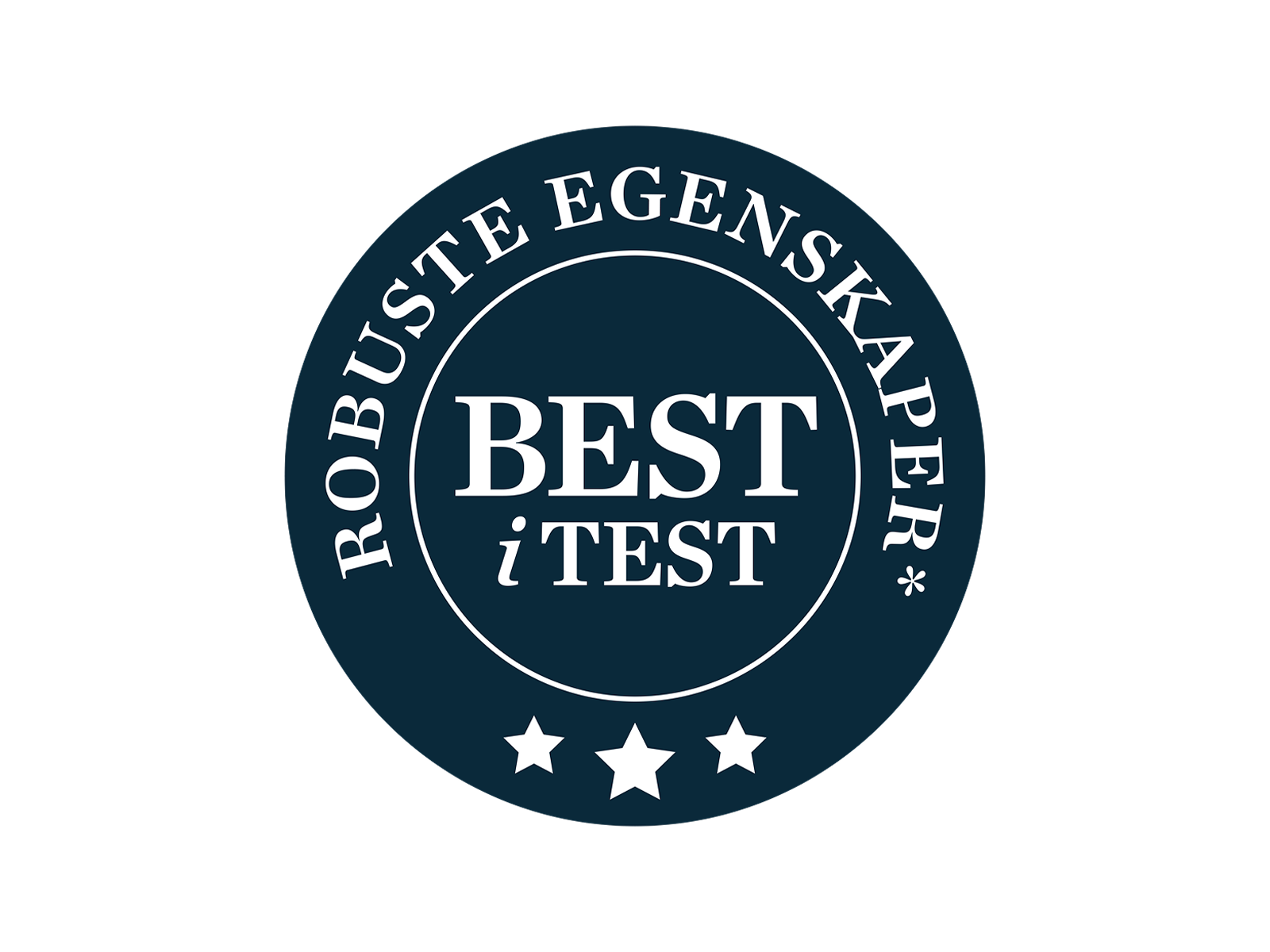 Rundt mørk blått merke med teksten: "Best i Test - Robuste egenskaper"