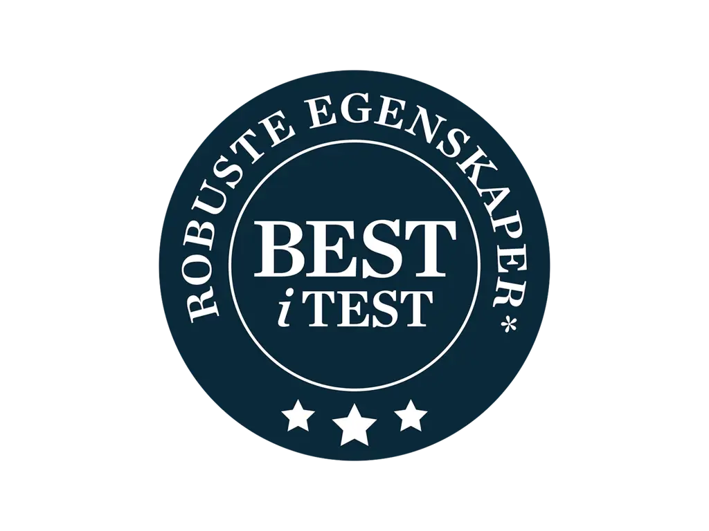 Rundt mørk blått merke med teksten: "Best i Test - Robuste egenskaper"